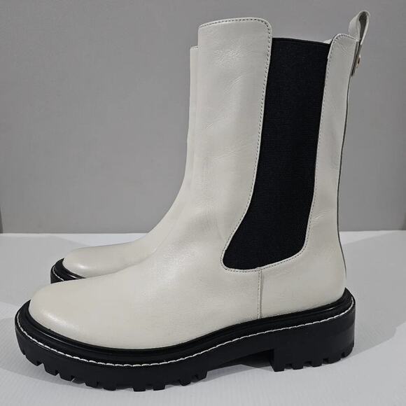 Tory Burch Benton Boot Lug Sole Mid Calf Platform Ivory Black Leather Size 10.5